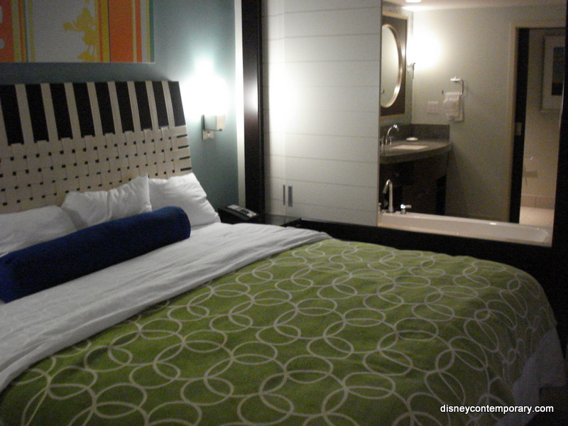 Bay Lake Tower One bedroom bed and bathroom